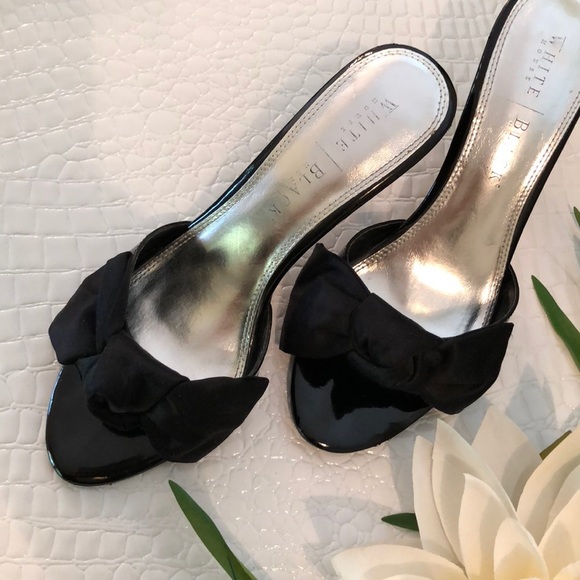 WHBM Black Satin Bow Slides w/Patent Heel, Toe EUC - Picture 3 of 8